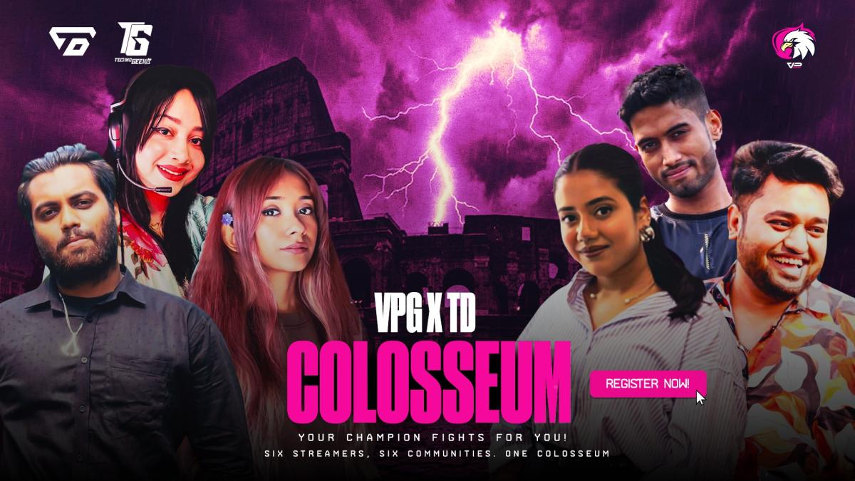 Colosseum poster featuring six streamer champions for a Valorant tournament in Bangladesh